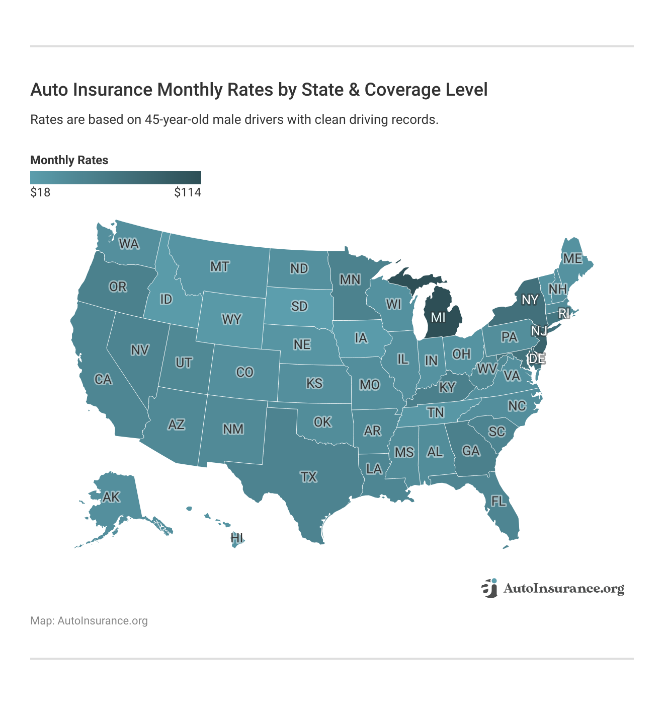 <h3>Auto Insurance Monthly Rates by State & Coverage Level</h3>